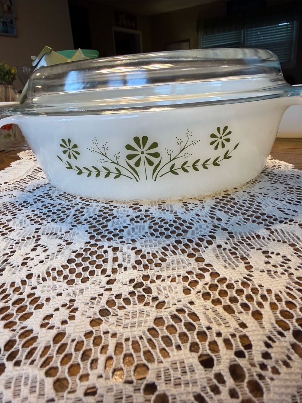 Pyrex White Casserole Dish with Olive Green Floral Motif and Glass Lid